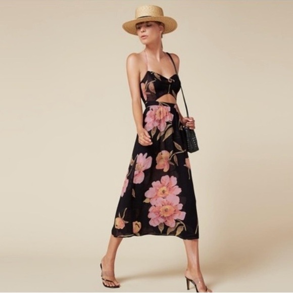 Reformation Dresses & Skirts - Reformation Addie Floral Cutout Midi Dress - Black with Pink & Coral Floral